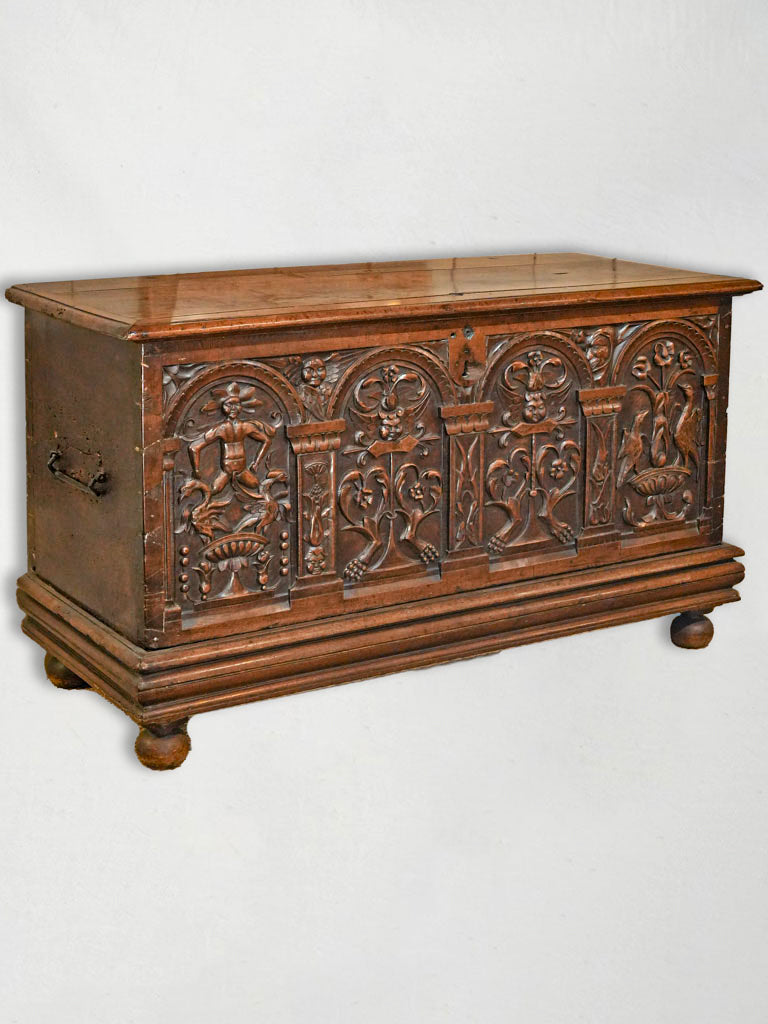 17th-Century Carved Wooden Chest with Heraldic Motifs 60¼" x 26"