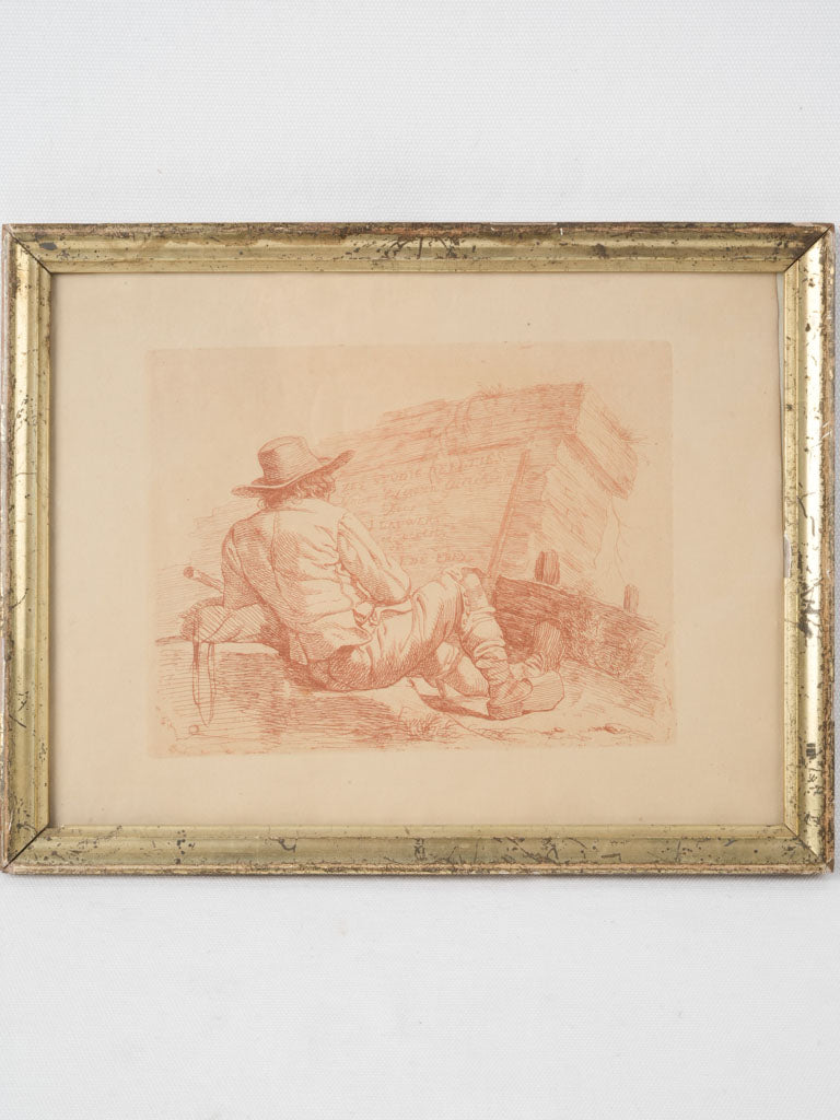 Antique red-ocher ink drawing framed