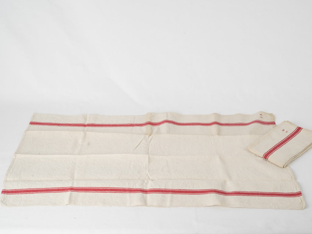 Delicate, Time-worn, French, Kitchen Linens, Red Stripe