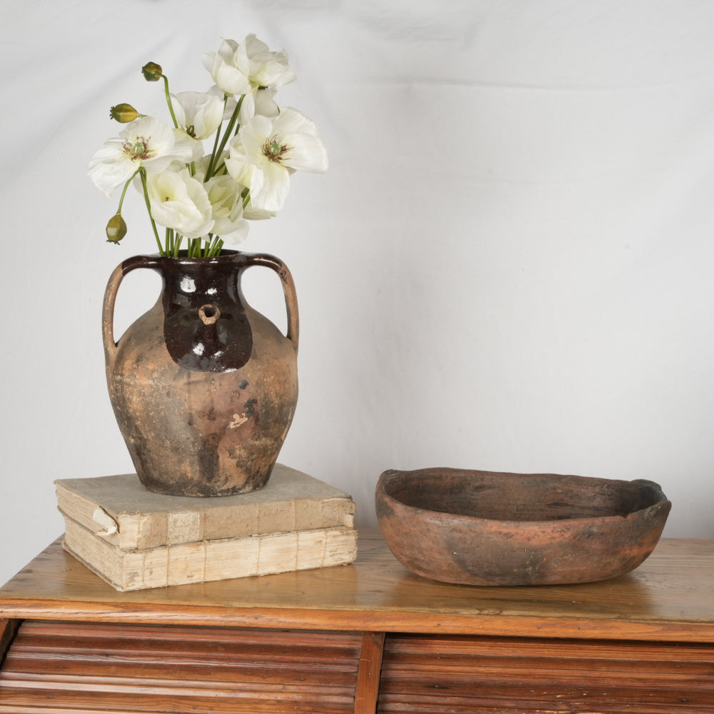 19th century terracotta water pitcher with brown glaze 10¼"