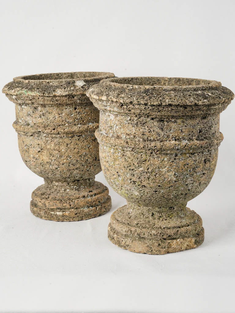 Pair of Early 20th-Century Compact Weathered Limestone  Urns - 14¼"