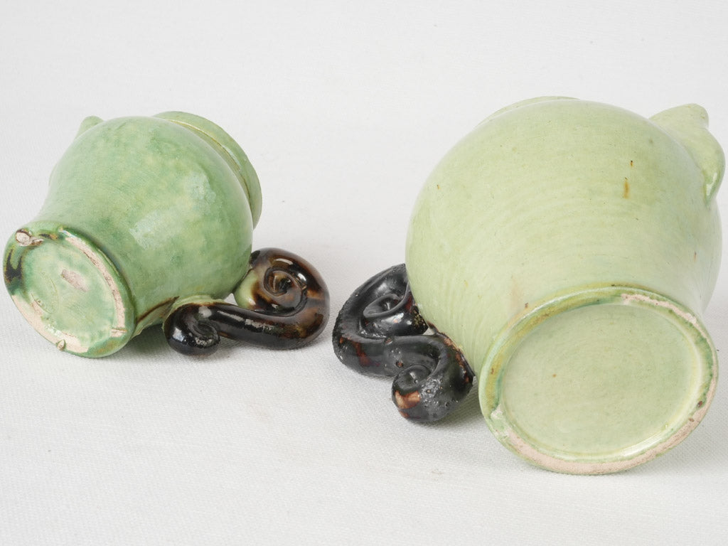 French pea green pottery creamer duo