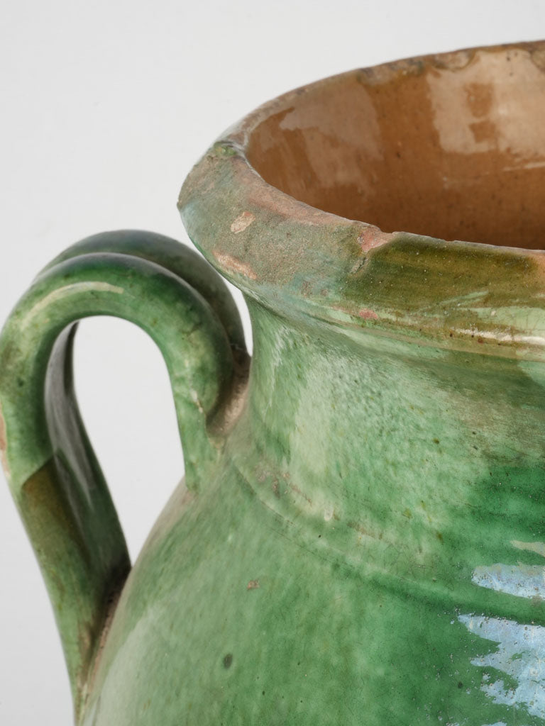 Artisanal, classic, large green glazed olive oil pot