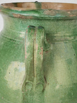 Rustic, artisan-made, large green glazed oil pot