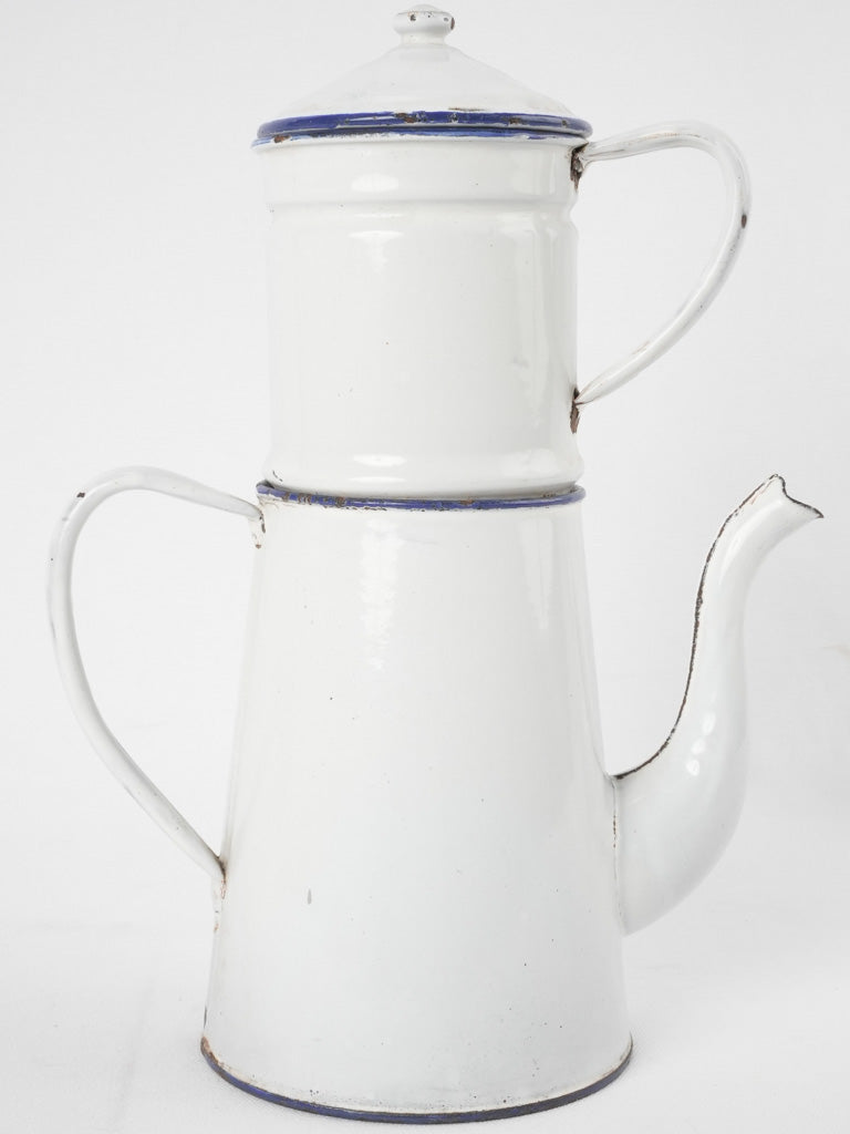 Classic blue-rimmed enamelware coffee pot