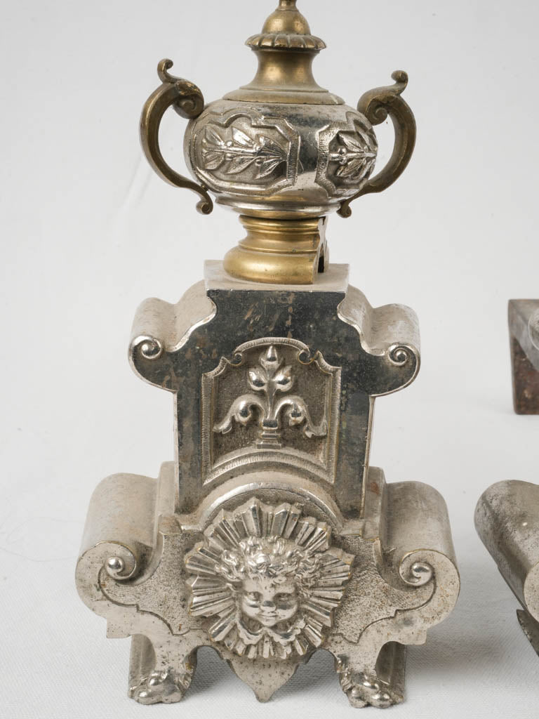 Classical silver patina andirons  