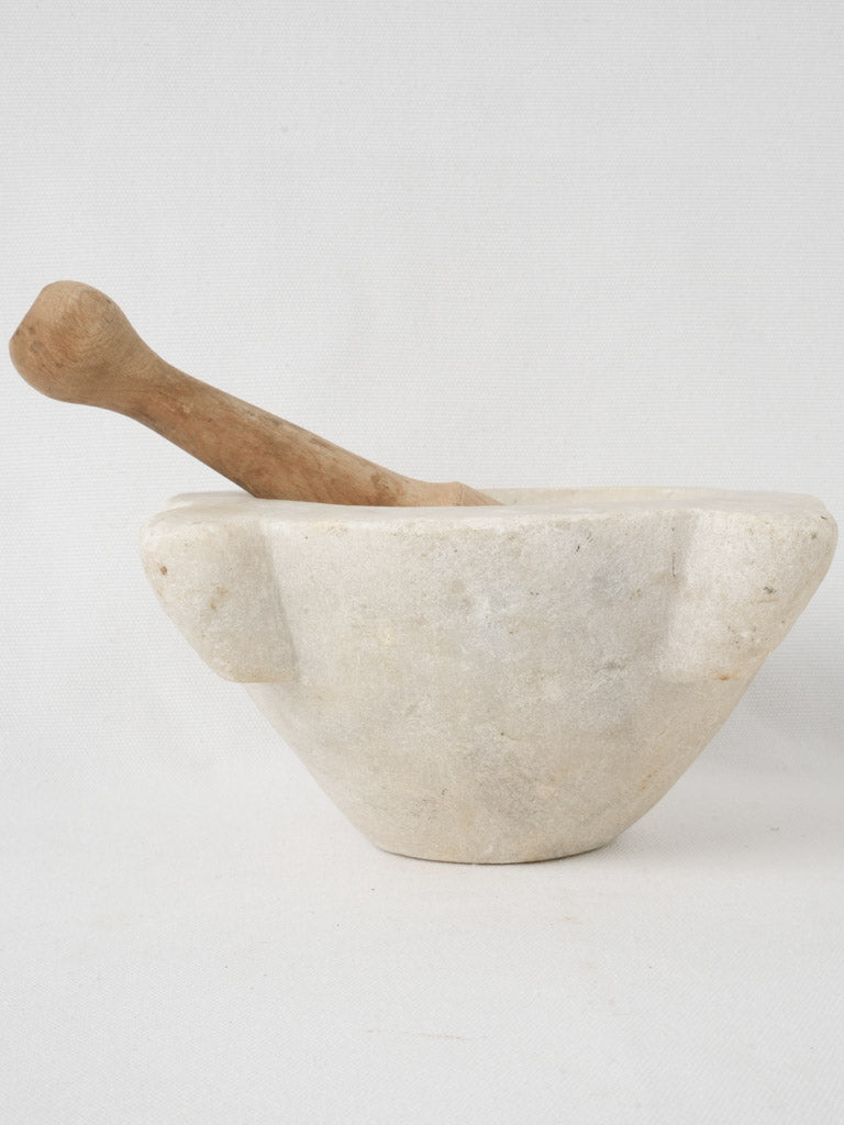 Aged Patina Wooden Pestle, Marble Mortar