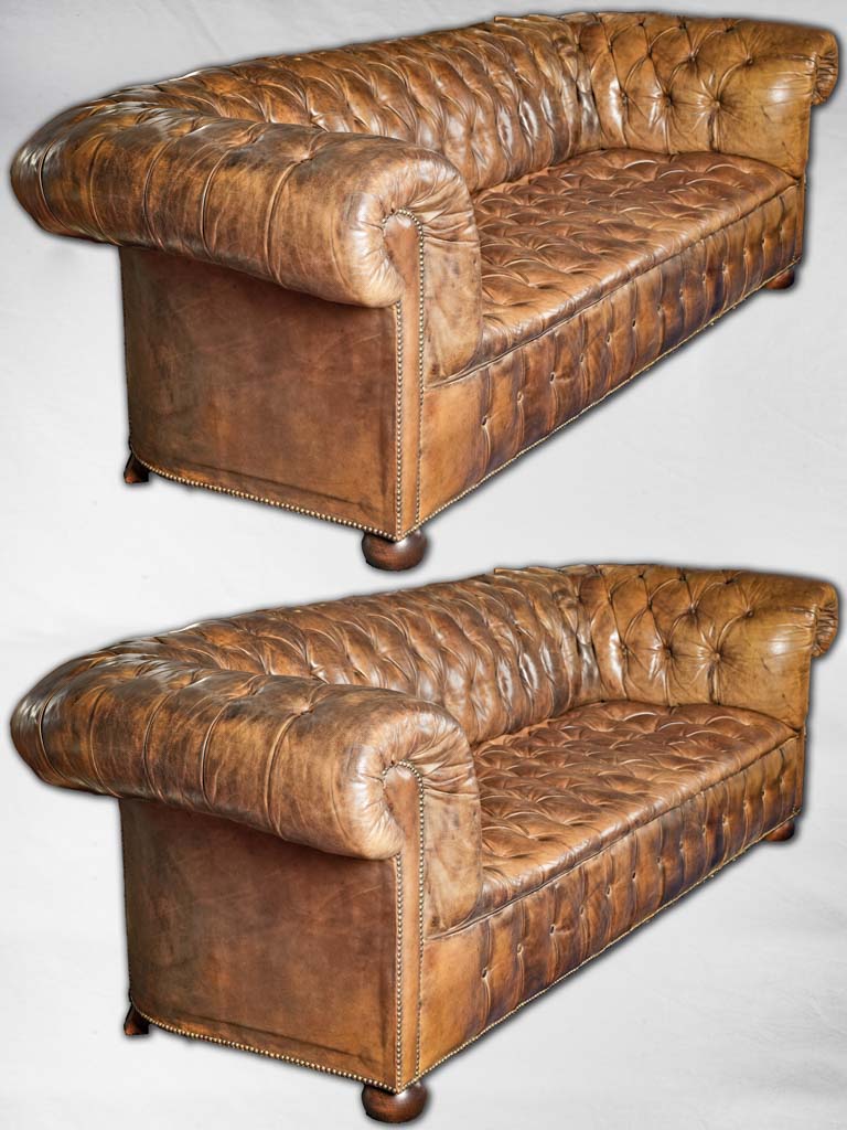 Vintage English brown leather chesterfield sofas