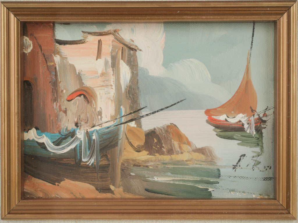 Serene, seaside sailboat oil landscape