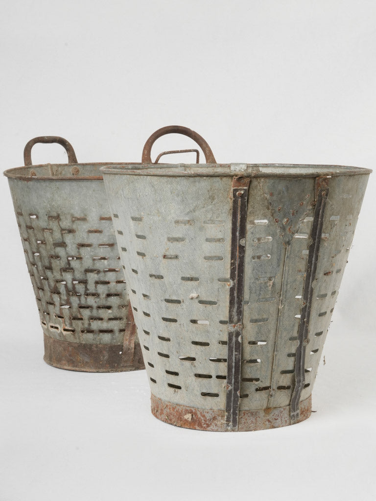 Pair of rustic zinc perforated olive buckets 18