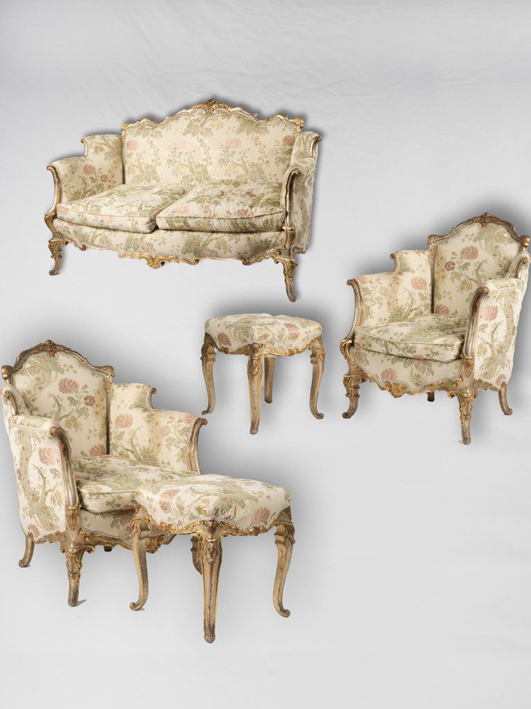 Historic beige crochet-trimmed settee seat