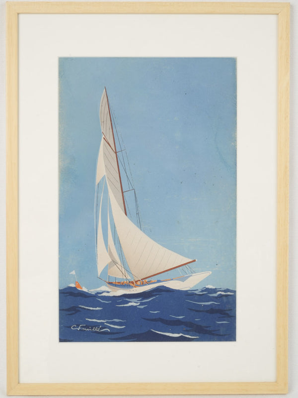 Vintage original sailing scene gouache