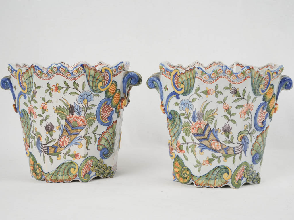 Vibrant Rouen faience earthenware planters