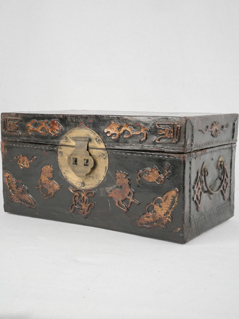 19th-century black leather coffer