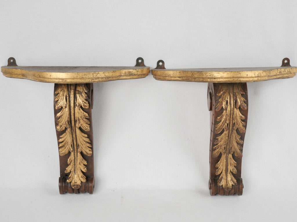 Vintage gilded carved wood wall consoles