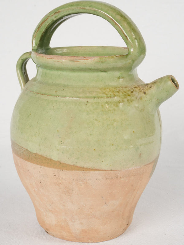 Antique French water pitcher w/ pea green glaze 11"