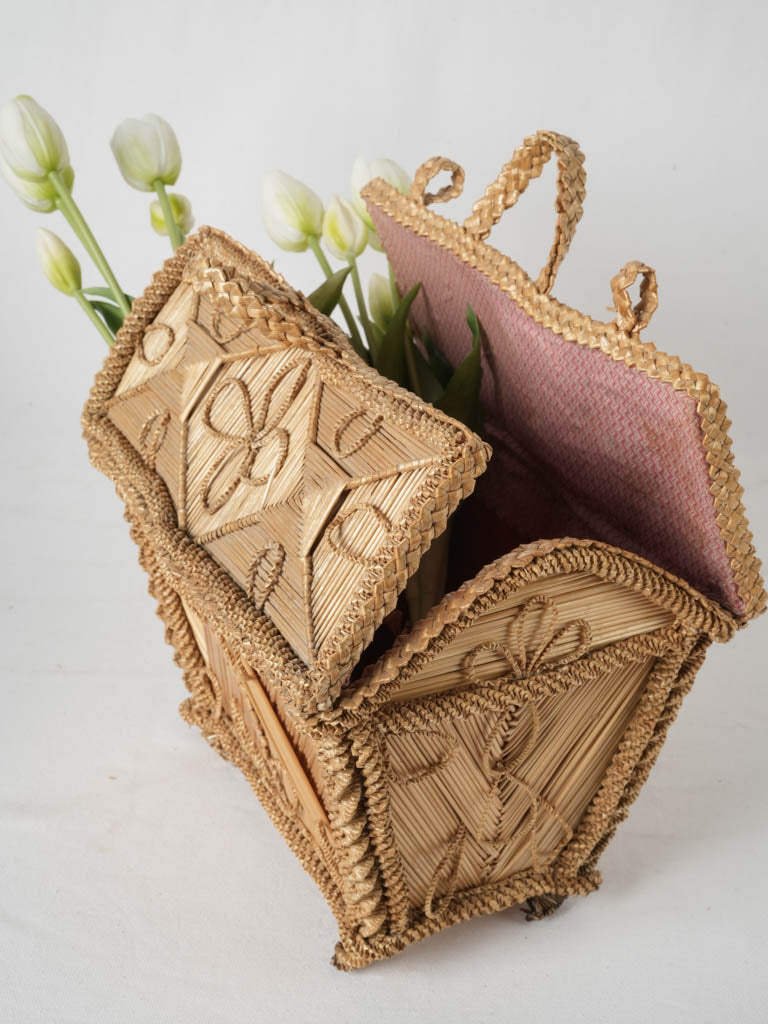 Exquisite vintage straw marquetry basket