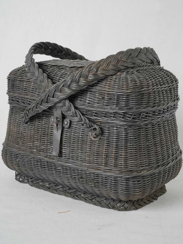 Antique French black wicker market basket