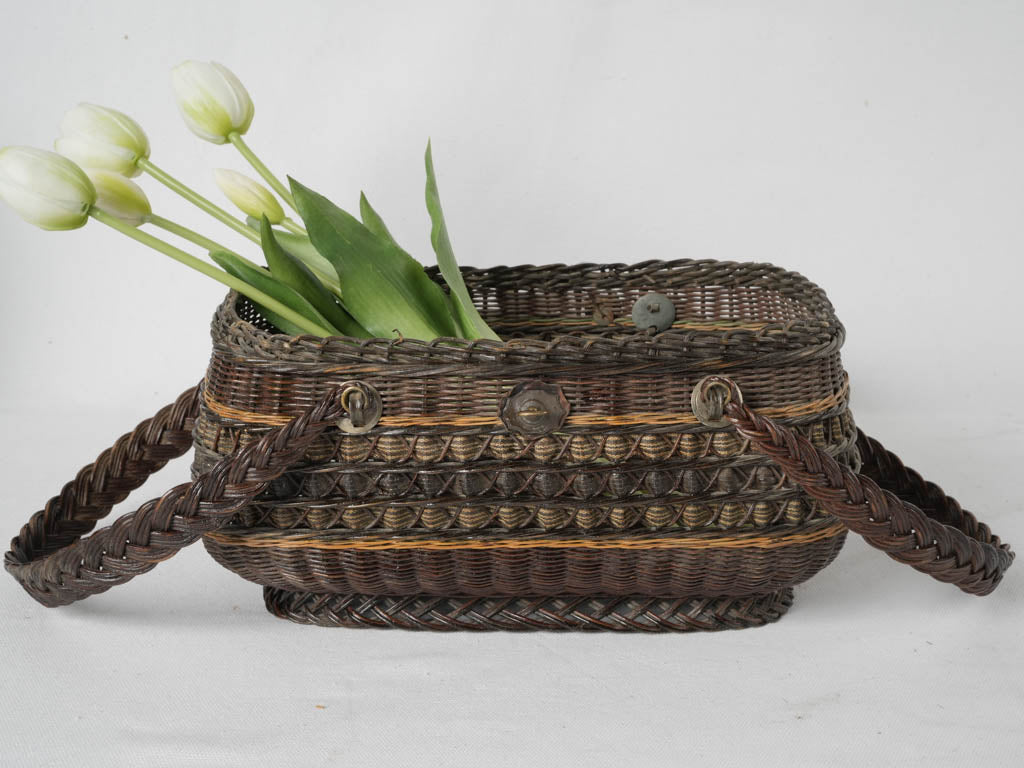 Stylish 19th-century brown wicker carryall