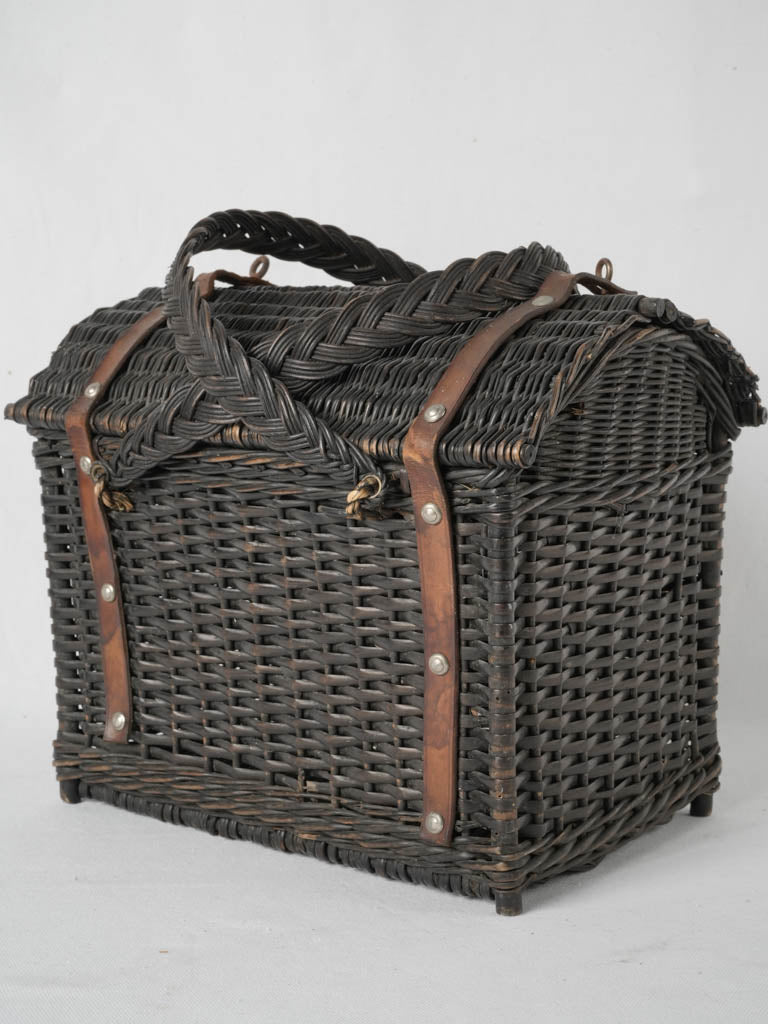 Vintage French black wicker market basket 