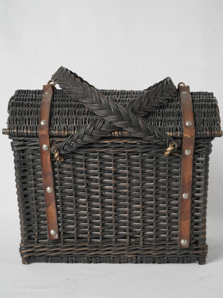 Elegant French black wicker picnic basket 