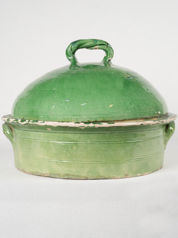 Very large antique French lidded Casserole w/ green glaze 17¾"