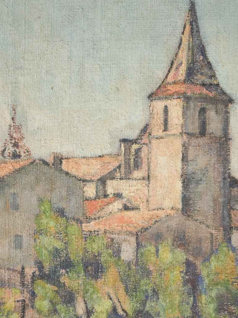 Time-worn pastel-tone village painting