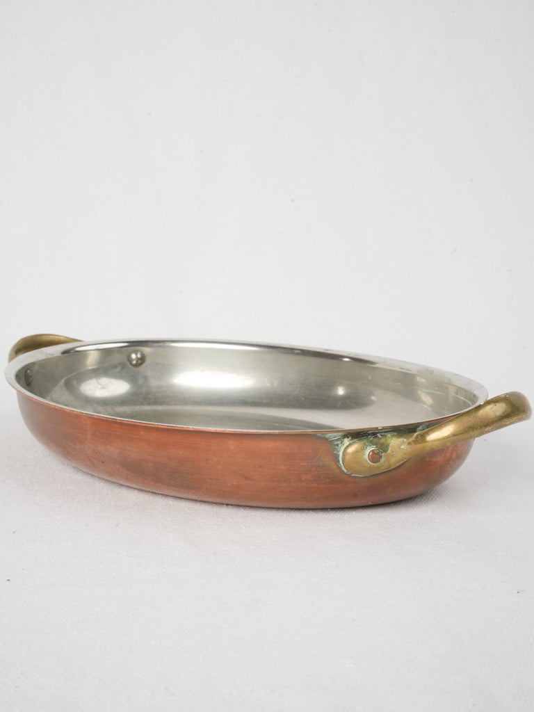 Vintage French Copper Oval Gratin Pan w/ Brass Handles - 12½"