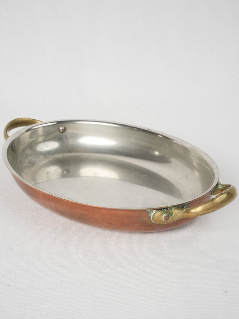 Vintage French Copper Oval Gratin Pan w/ Brass Handles - 12½"