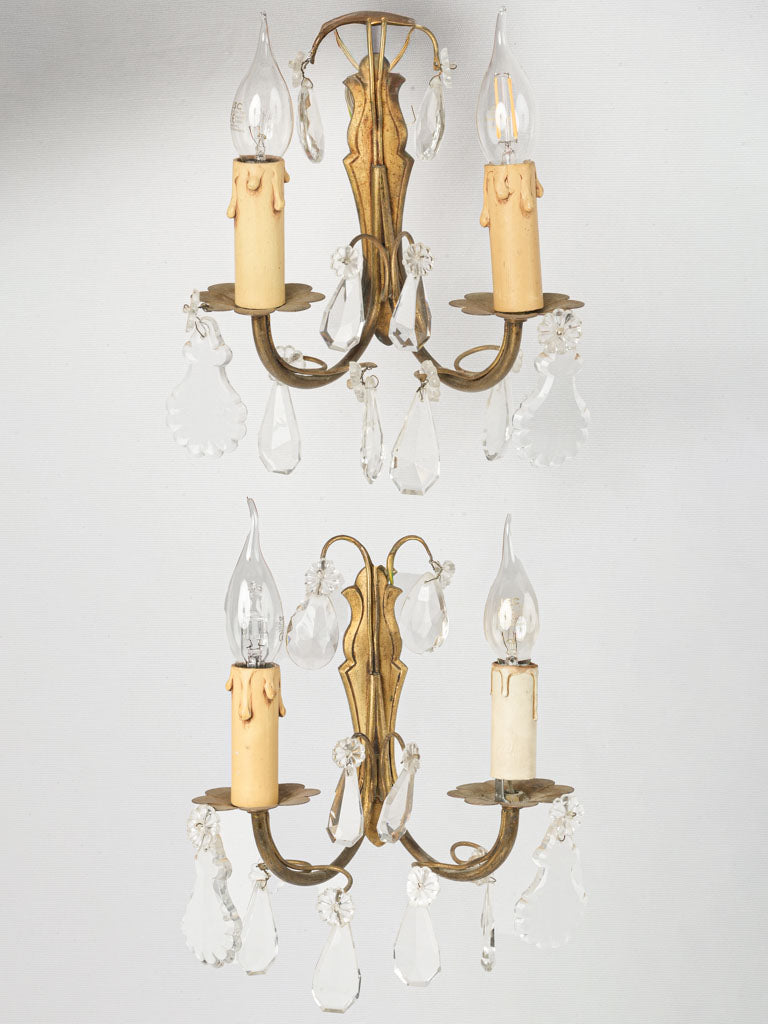 Pair of Mid-Century French Gilded Wall Sconces with Glass Pendants - 11¾"