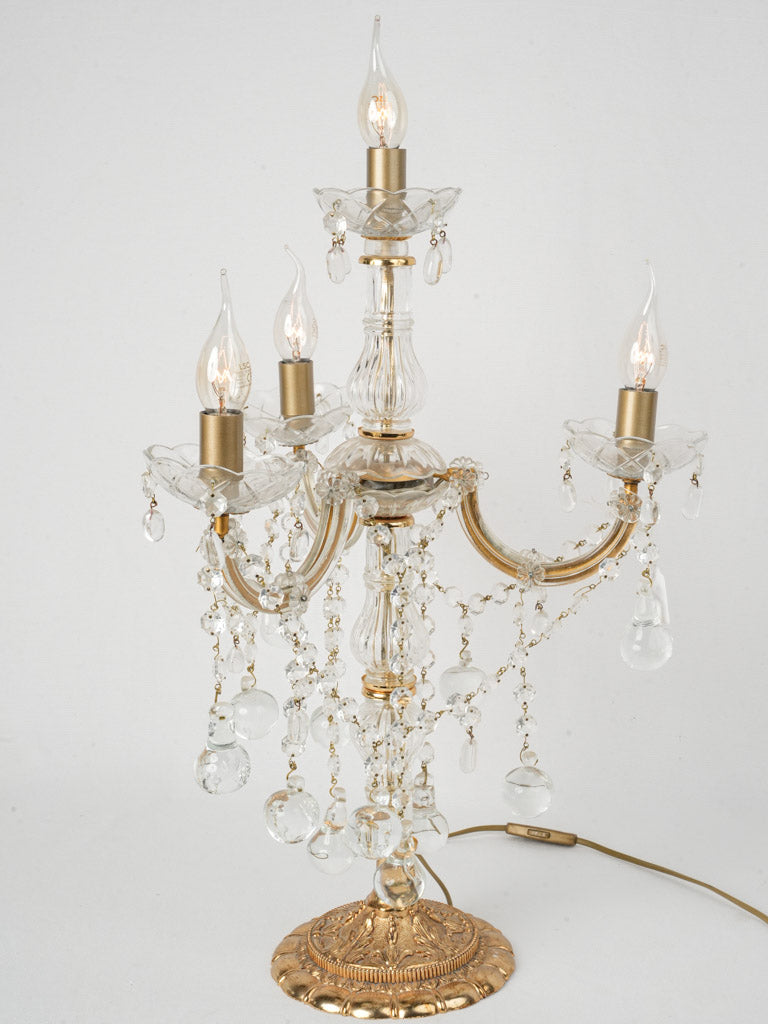 1960s Italian Gilded Candelabra Table Lamp w/ Glass Pendants - 23¼"