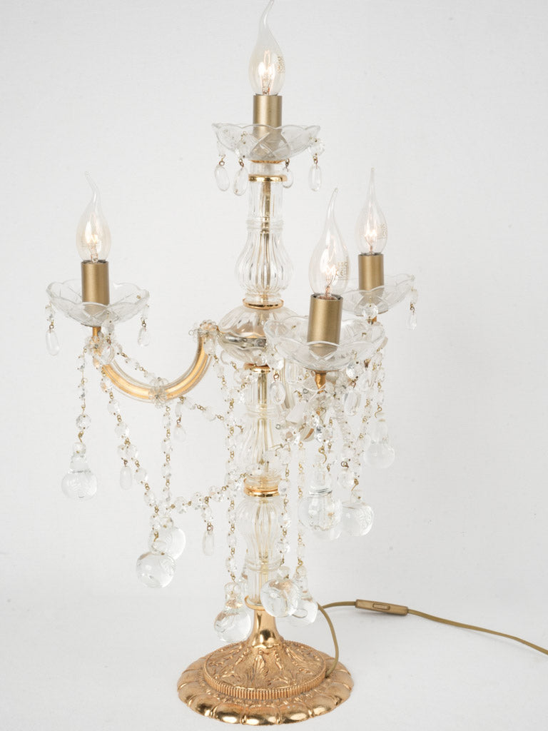 1960s Italian Gilded Candelabra Table Lamp w/ Glass Pendants - 23¼"