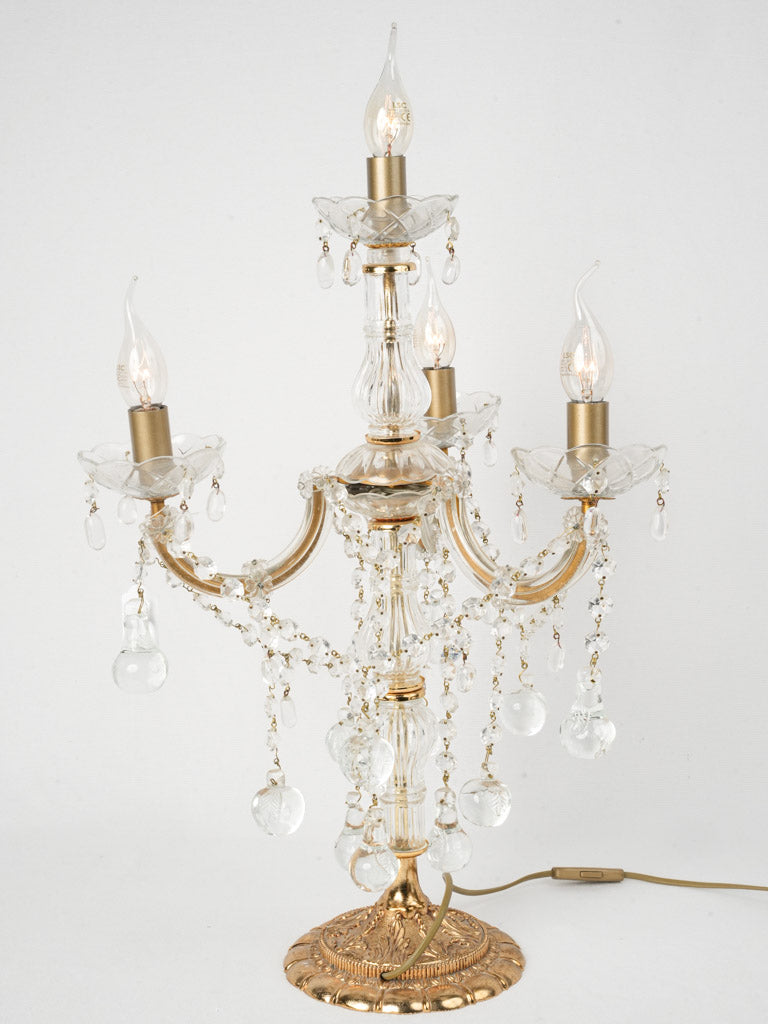 1960s Italian Gilded Candelabra Table Lamp w/ Glass Pendants - 23¼"