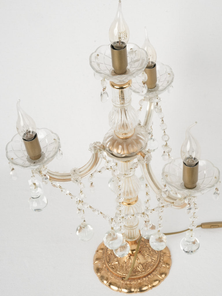 1960s Italian Gilded Candelabra Table Lamp w/ Glass Pendants - 23¼"