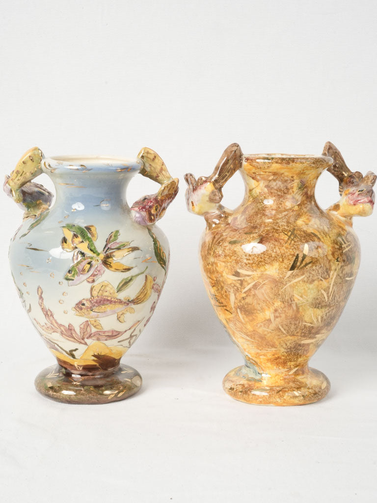 Fish-handled, vibrant vases