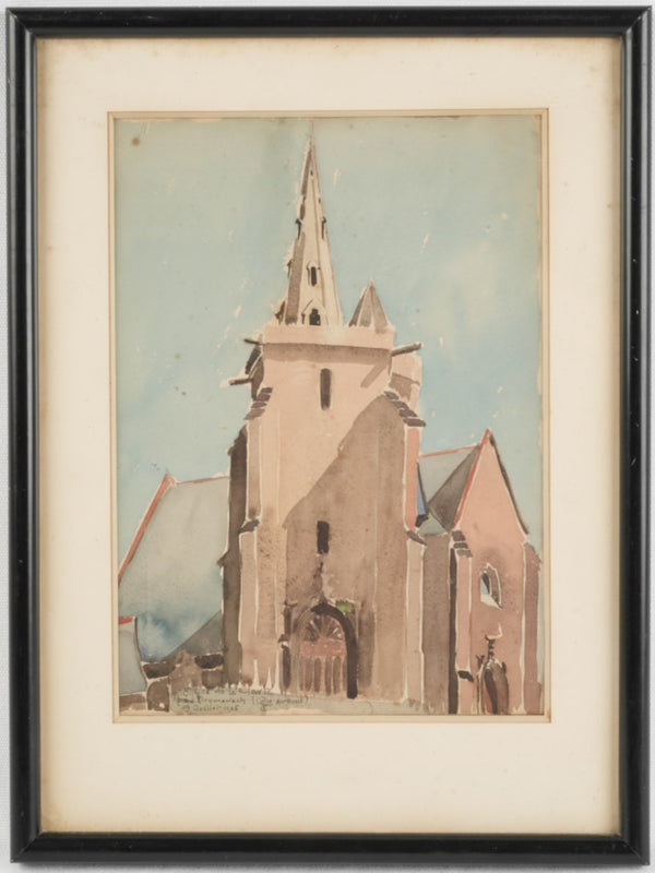 Vintage French Watercolor Stone Church Painting