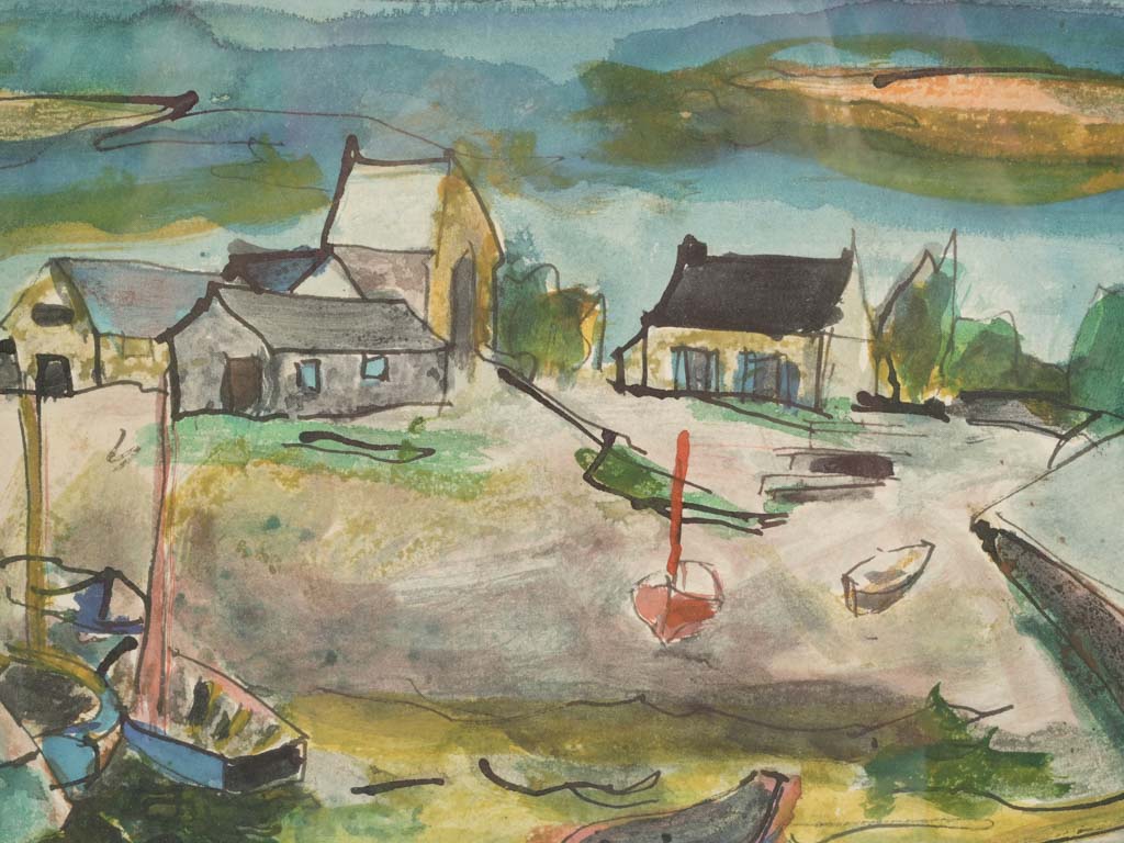 Vibrant 1920s harbor watercolor