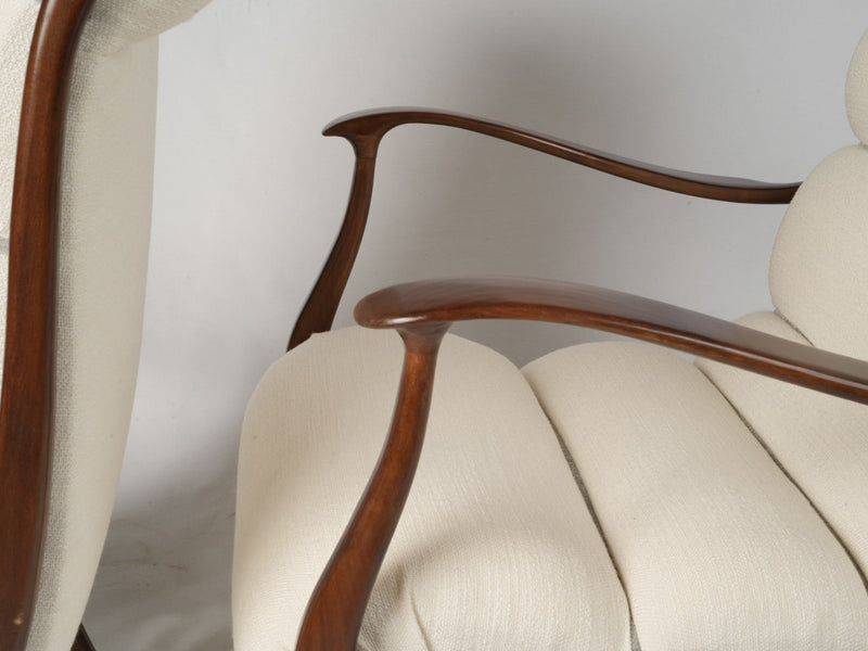 Sophisticated, Italian, mid-century, reupholstered, armchairs