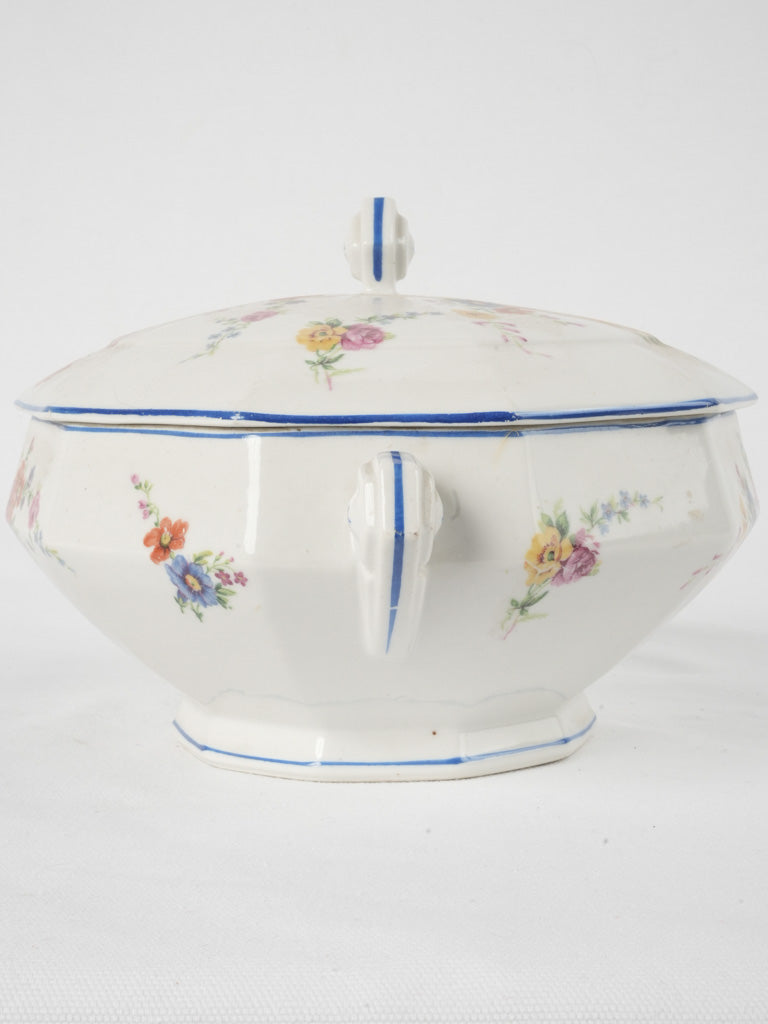 Colorful, hexagonal handle porcelain tureen