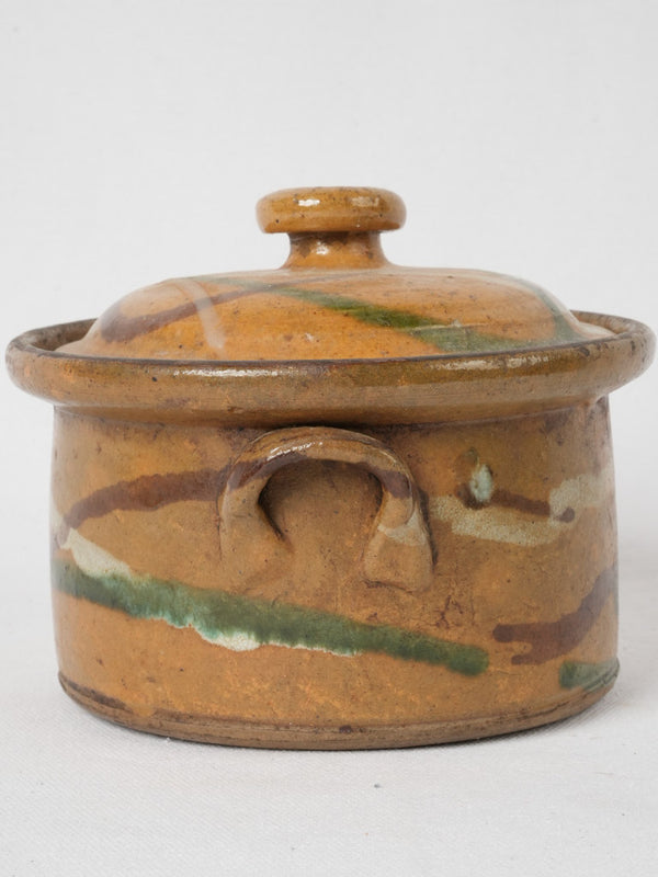 Rustic Jaspé slipware lidded cocotte