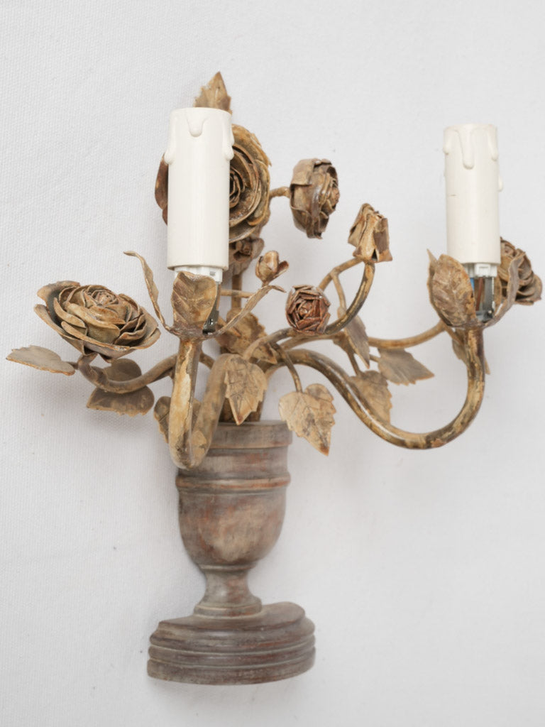 Vintage metal & wooden urn wall sconce