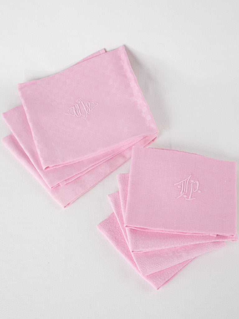 6 antique French monogrammed serviettes - pale pink