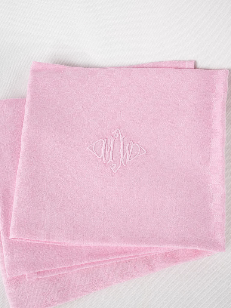 6 antique French monogrammed serviettes - pale pink