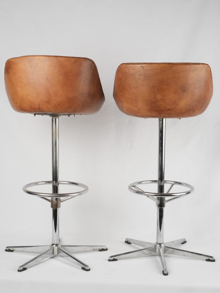 Chrome-based vintage French leather barstools