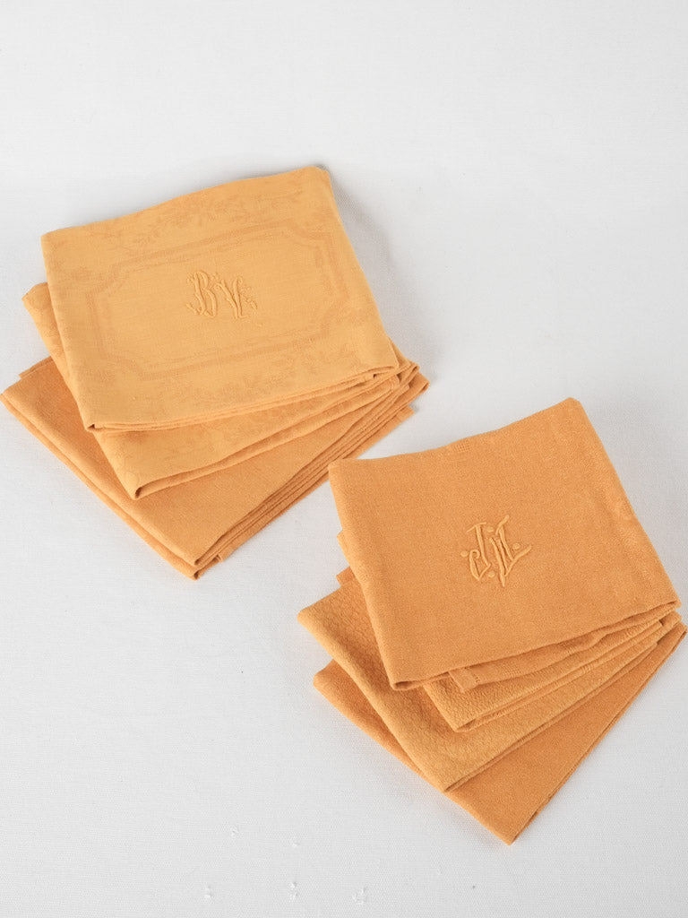 6 antique French monogrammed serviettes - orange