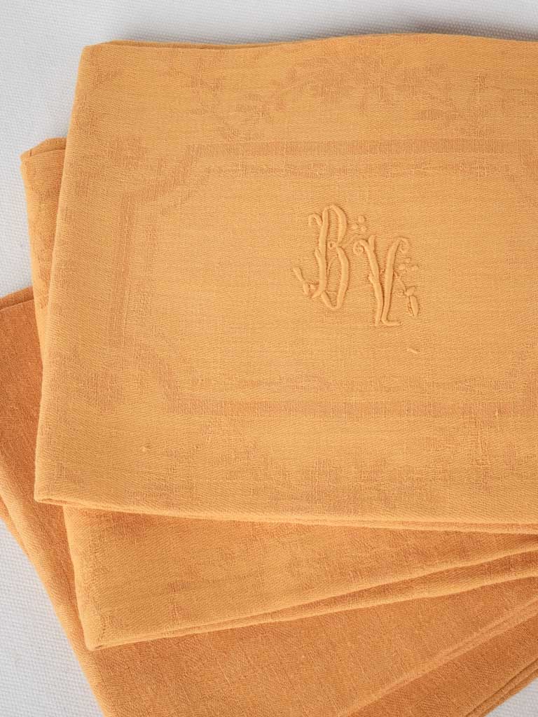 6 antique French monogrammed serviettes - orange