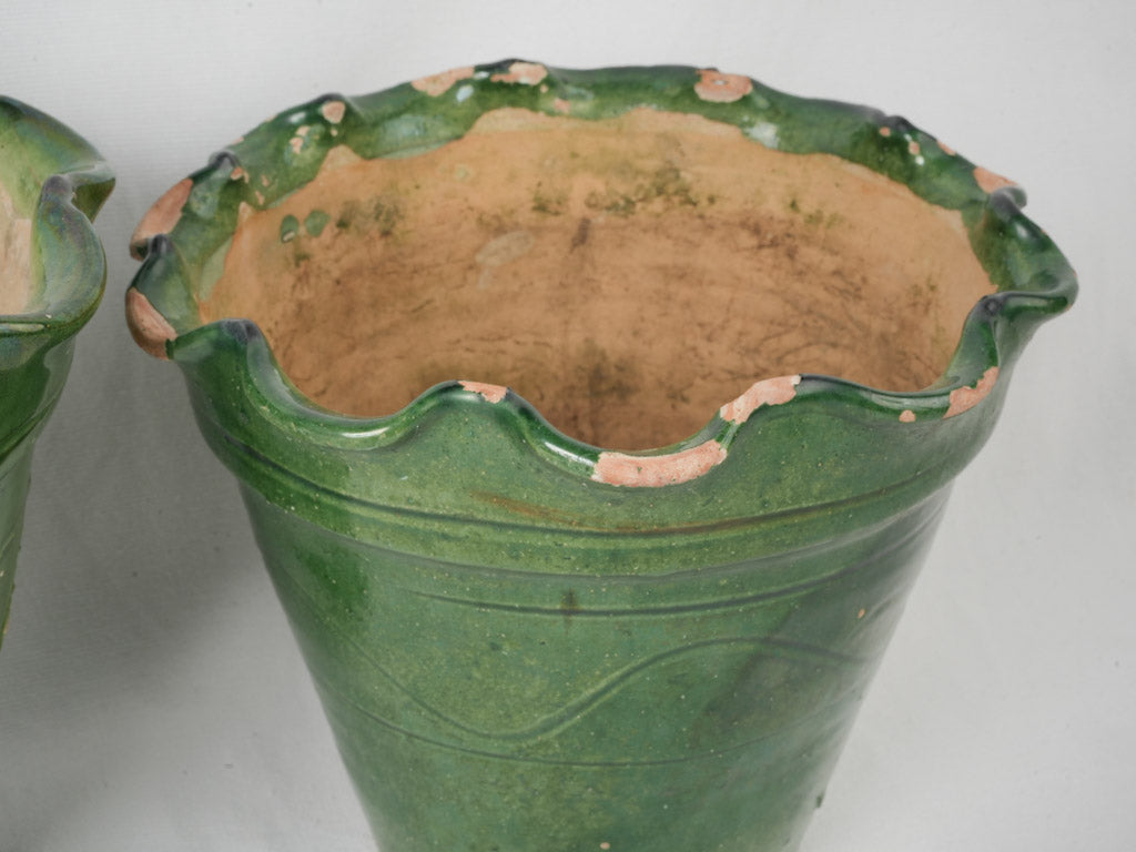 Rustic green-glazed flowerpots