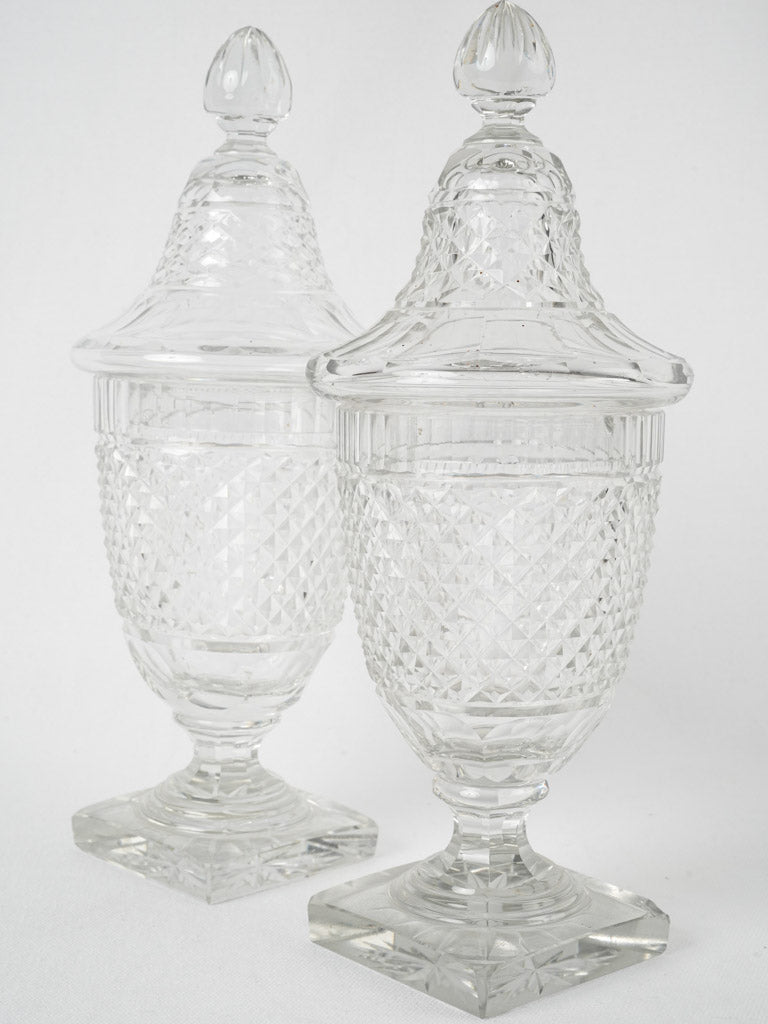 Pair of antique English cut crystal lidded candy jars 12½