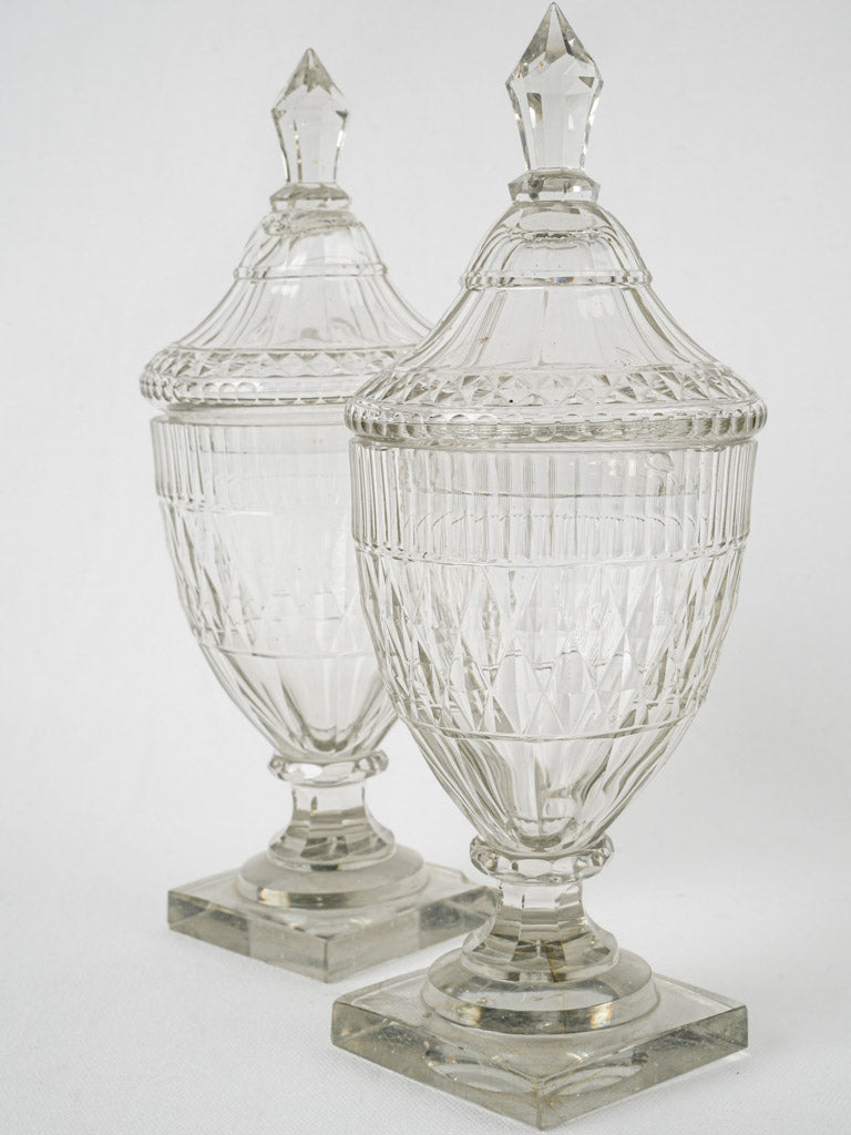 Antique French etched crystal bonbon vases