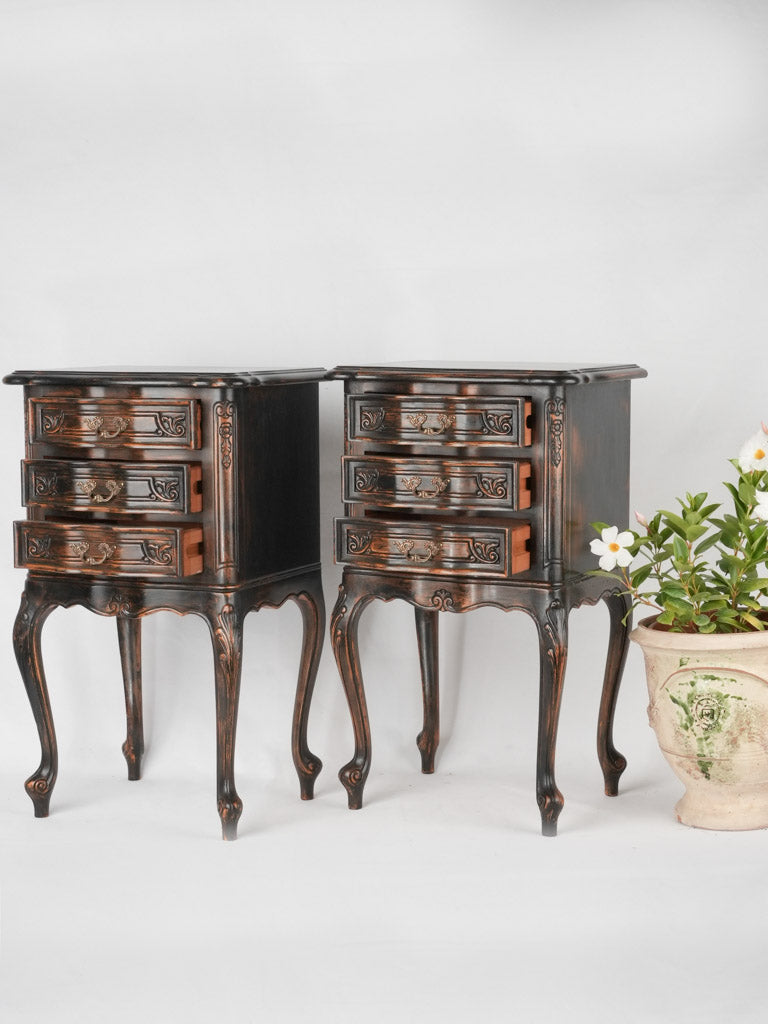 Pair of Louis XV style nightstands w/ black patina